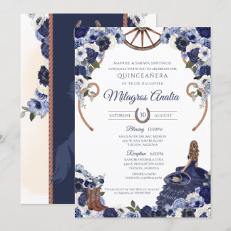 Rustikaler Blauer Western Charro Quinceanera Einladung