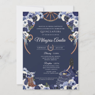 Rustikaler Blauer Western Charro Quinceanera Einladung