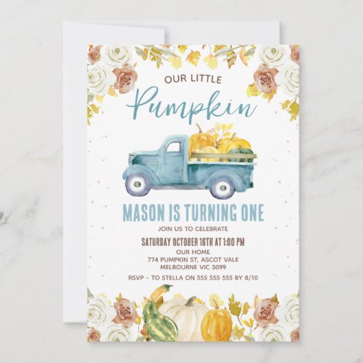 Rustikaler Blue Brown Fall Pumpkin Truck 1. Geburt Einladung (Vorderseite)