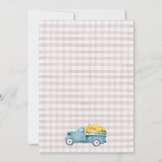 Rustikaler Blue Brown Fall Pumpkin Truck 1. Geburt Einladung (Rückseite)