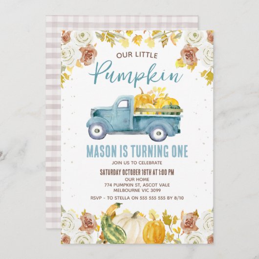 Rustikaler Blue Brown Fall Pumpkin Truck 1. Geburt Einladung (Vorne/Hinten)