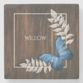 Rustikaler Blue Butterfly Personalisiert Stone Unt Steinuntersetzer (Vorderseite)
