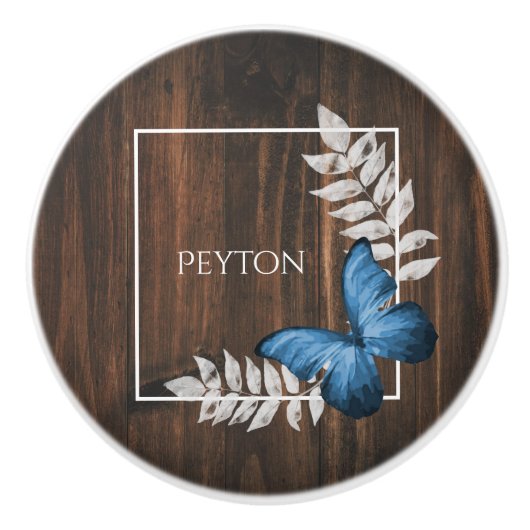 Rustikaler Blue Butterfly Personalisierte Keramik  Keramikknauf (Vorderseite)