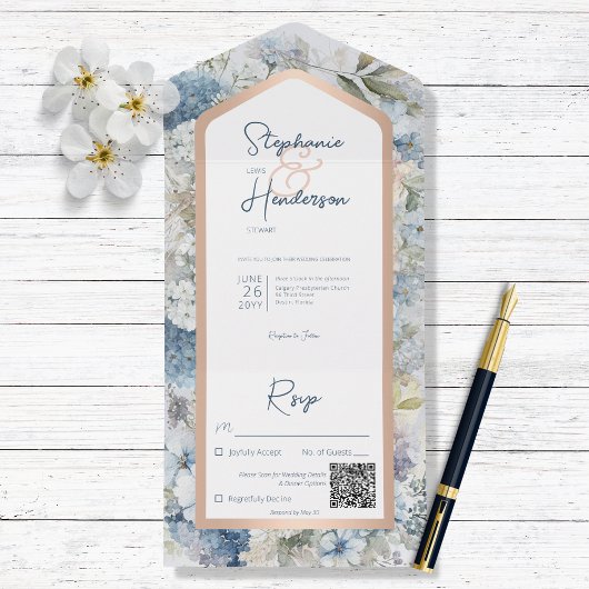 Rustikaler Blue Floral & Rose Gold QR Code All In One Einladung