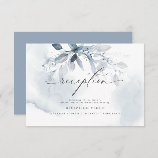 Rustikaler Blue Foliage Watercolor-Empfang Einladung (Vorne/Hinten)