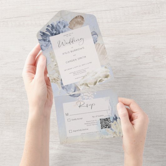 Rustikaler Blue Ocean Beach QR Code All In One Einladung (Abreißen)