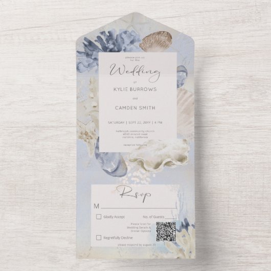 Rustikaler Blue Ocean Beach QR Code All In One Einladung (Innen Boden)