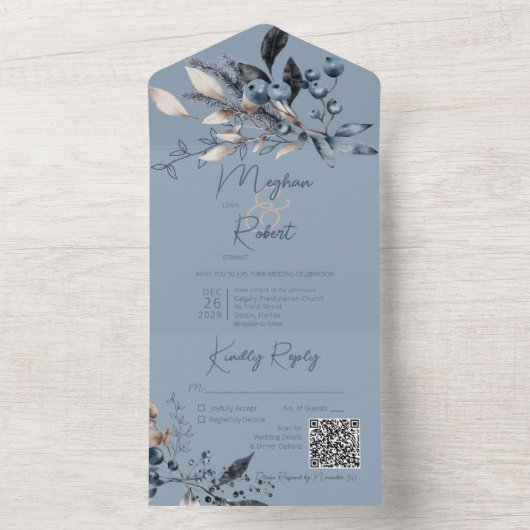 Rustikaler Blue Winter Foliage QR Code All In One Einladung (Innen Boden)