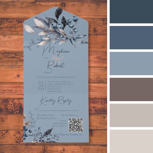 Rustikaler Blue Winter Foliage QR Code All In One Einladung