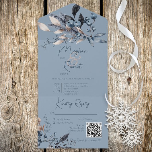 Rustikaler Blue Winter Foliage QR Code All In One Einladung