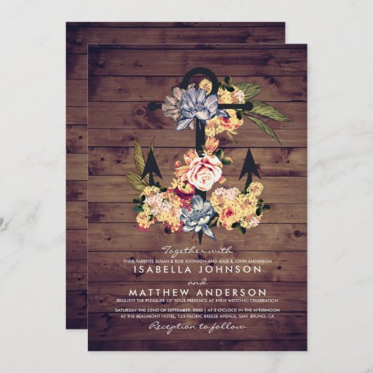 Rustikaler Blumenanker | Elegantes Hochzeitsstil-P Einladung (Vorne/Hinten)