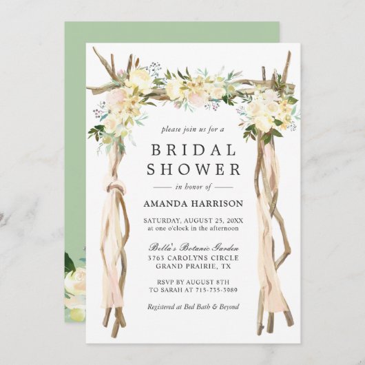 Rustikaler Blumenbogen Elfenbeinweißes Brautparty Einladung (Vorne/Hinten)
