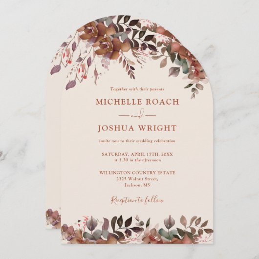 Rustikaler Blumenbogen QR Code Herbstliche Hochzei Einladung (Vorne/Hinten)