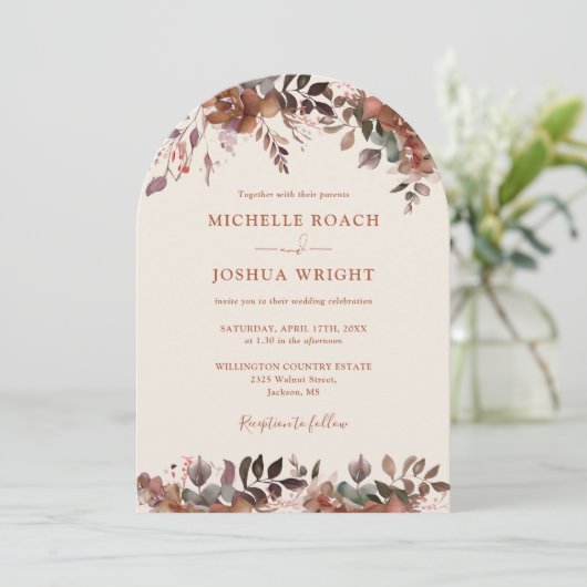 Rustikaler Blumenbogen QR Code Herbstliche Hochzei Einladung (Stehend Vorderseite)