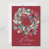 Rustikaler Blumenburgund Weihnachtskranz glücklich Feiertagskarte (Vorderseite)