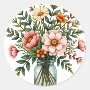 Rustikaler Blumenhochzeitsstrauß Mason Jar Botanik Runder Aufkleber