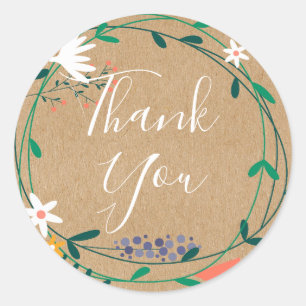 Rustikaler Blumenkranz-Skript Danke Runder Aufkleber