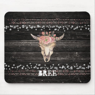 Rustikaler Blumenkuhschädel Boho Chic Glam Silberh Mousepad