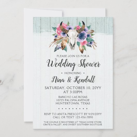 Rustikaler Blumenkuhschädel Polterabend Einladung (Vorderseite)