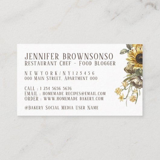 Rustikaler Blumenlöffel Sonnenblumen Bäckerei Koch Visitenkarte (Rückseite)