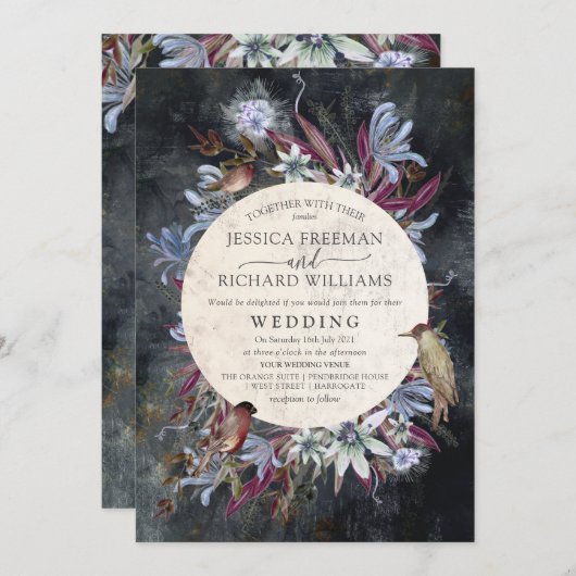 Rustikaler Blumenrahmen dunkel mit Vogeleinladung Einladung (Vorne/Hinten)