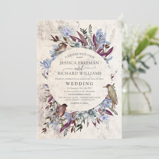 Rustikaler Blumenrahmen mit Vögeln Einladung (Stehend Vorderseite)