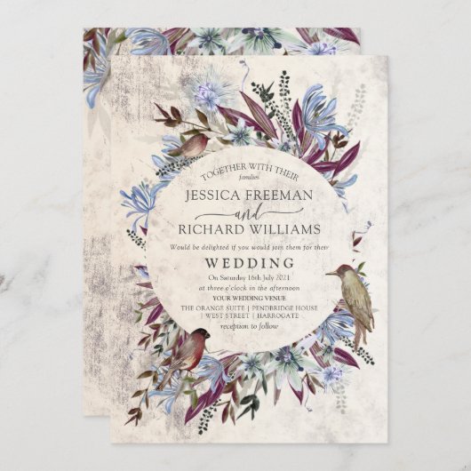 Rustikaler Blumenrahmen mit Vögeln Einladung (Vorne/Hinten)