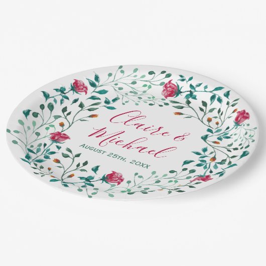 Rustikaler Blumenreath | Personalisierte Hochzeit Pappteller (Schrägansicht)