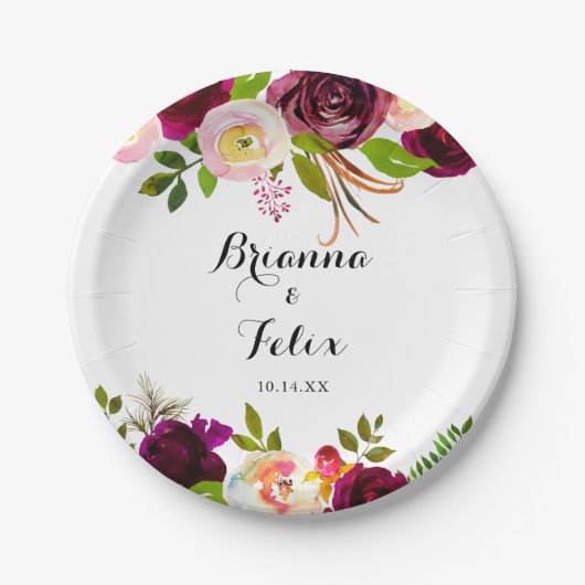 Rustikaler Blush Burgund Blumenkuchen Pappteller (Vorderseite)