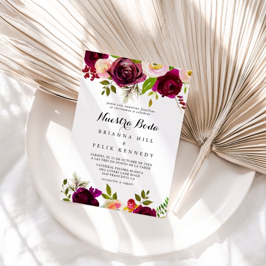 Rustikaler Blush Burgundy Floral Nuestra Boda Wedd Einladung