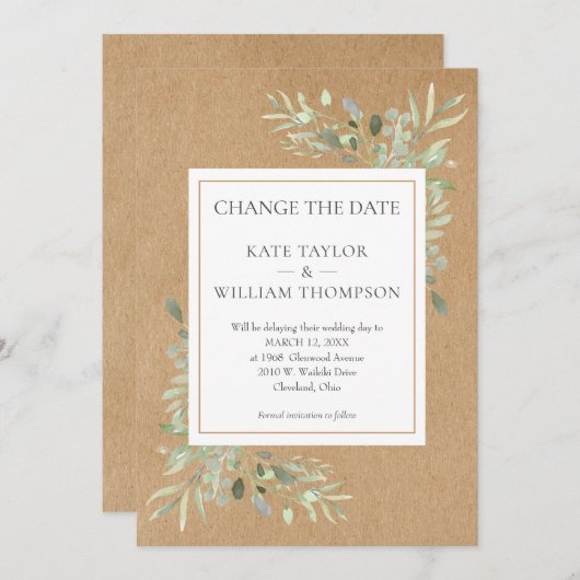 Rustikaler Boho ändern das Datum Wasserfarbengrün Save The Date (Vorne/Hinten)