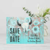 Rustikaler Boho Aquamariner Western Sonnenblumen K Save The Date (Stehend Vorderseite)