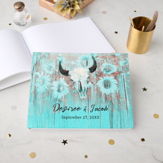 Rustikaler Boho Aquamariner Western Sunflowers Bul Gästebuch (Vorderseite Offen)