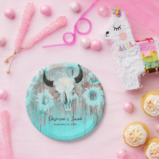 Rustikaler Boho Aquamariner Western Sunflowers Bul Pappteller (Party)