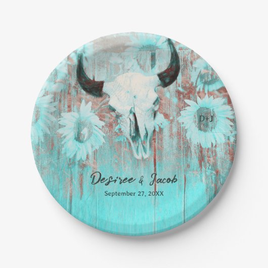 Rustikaler Boho Aquamariner Western Sunflowers Bul Pappteller (Vorderseite)