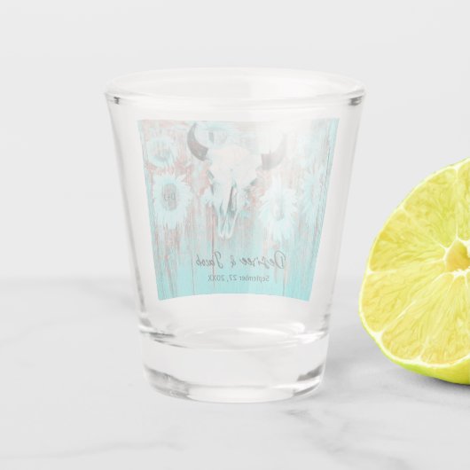 Rustikaler Boho Aquamariner Western Sunflowers Bul Schnapsglas (Rückseite)