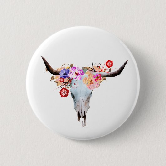 Rustikaler Boho BlumenLonghorn Schädel Button (Vorderseite)