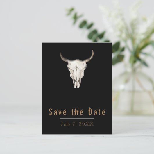 Rustikaler Boho Bohemisch Cow Bull Save the Date Ankündigungspostkarte (Stehend Vorderseite)