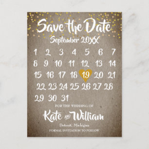Rustikaler Boho-Gold-Liebesherz-Kalender Termin sp Ankündigungspostkarte