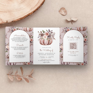 Rustikaler Boho Neutral Pumpkin Floral QR Code Hoc Dreifach Gefaltete Einladung