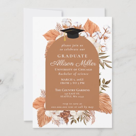 Rustikaler Boho Pampas Driving Palm Abschluss Einladung (Vorderseite)