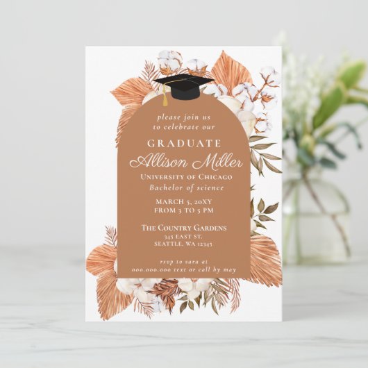 Rustikaler Boho Pampas Driving Palm Abschluss Einladung (Stehend Vorderseite)