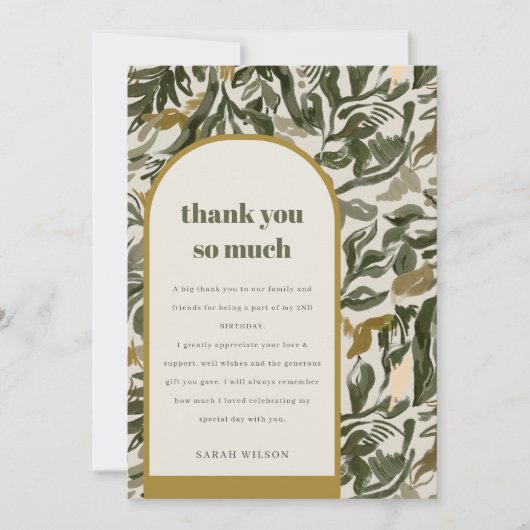 Rustikaler Boho Retro Arch Grüner Botanischer Gebu Dankeskarte (Vorderseite)