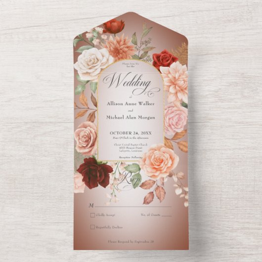 Rustikaler Boho Rost Pfirsich Blumenstrauß Pinsels All In One Einladung (Innen Boden)