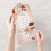 Rustikaler Boho Rust Peach Floral Frame Blush QR C All In One Einladung (Abreißen)