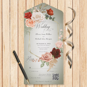 Rustikaler Boho Rust & Peach Floral Frame Sage QR  All In One Einladung