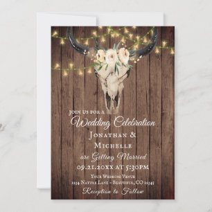 Rustikaler Boho Skull and Lights on Wood Wedding Einladung