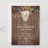 Rustikaler Boho Skull and Lights on Wood Wedding Save The Date (Vorderseite)