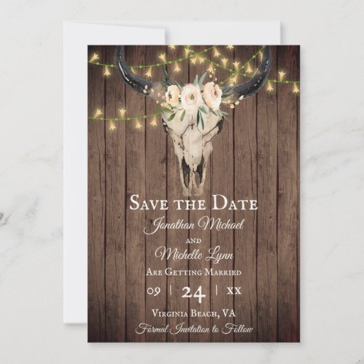 Rustikaler Boho Skull and Lights on Wood Wedding Save The Date (Vorderseite)