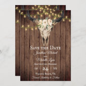 Rustikaler Boho Skull and Lights on Wood Wedding Save The Date (Vorne/Hinten)
